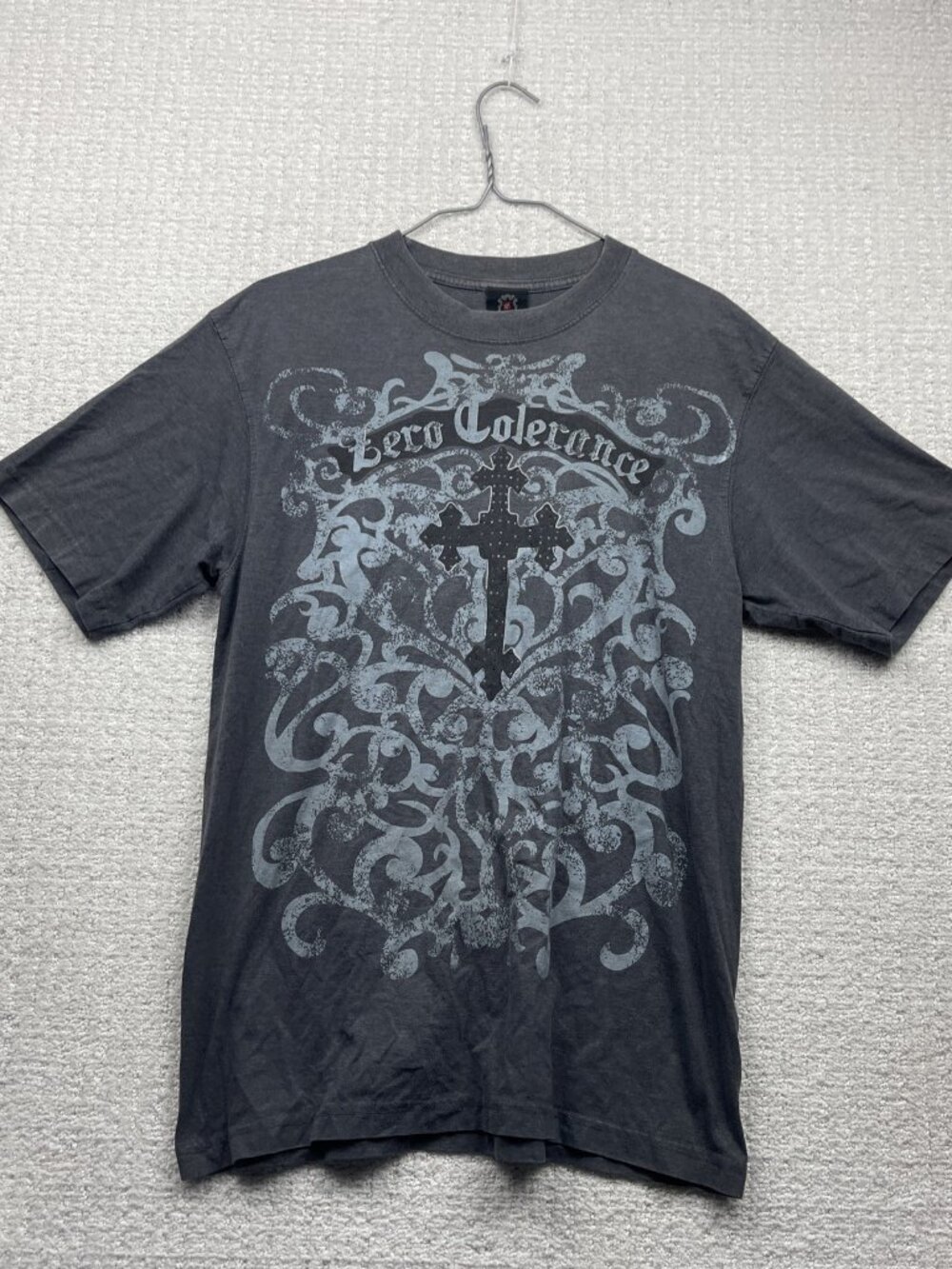 Y2K Zero Tolerance Gray T-shirt Grunge Punk Goth Affliction Style Cross Men Sz M